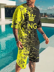 Men's King Print Tee & Shorts Set for Summer Outdoor