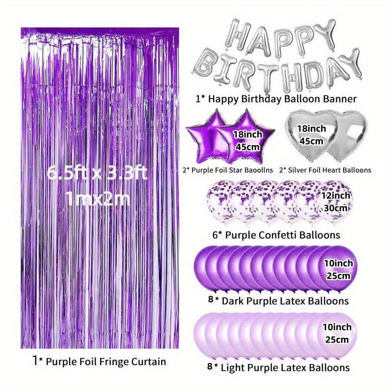 29pc Purple & Silver Birthday Balloon Set with Fringe Curtain
