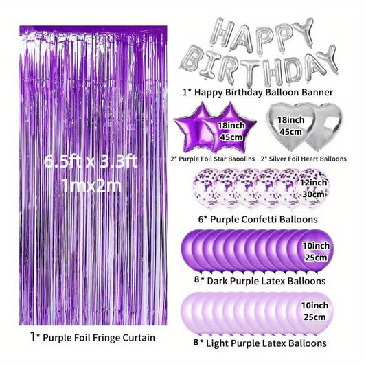 29pc Purple & Silver Birthday Balloon Set with Fringe Curtain