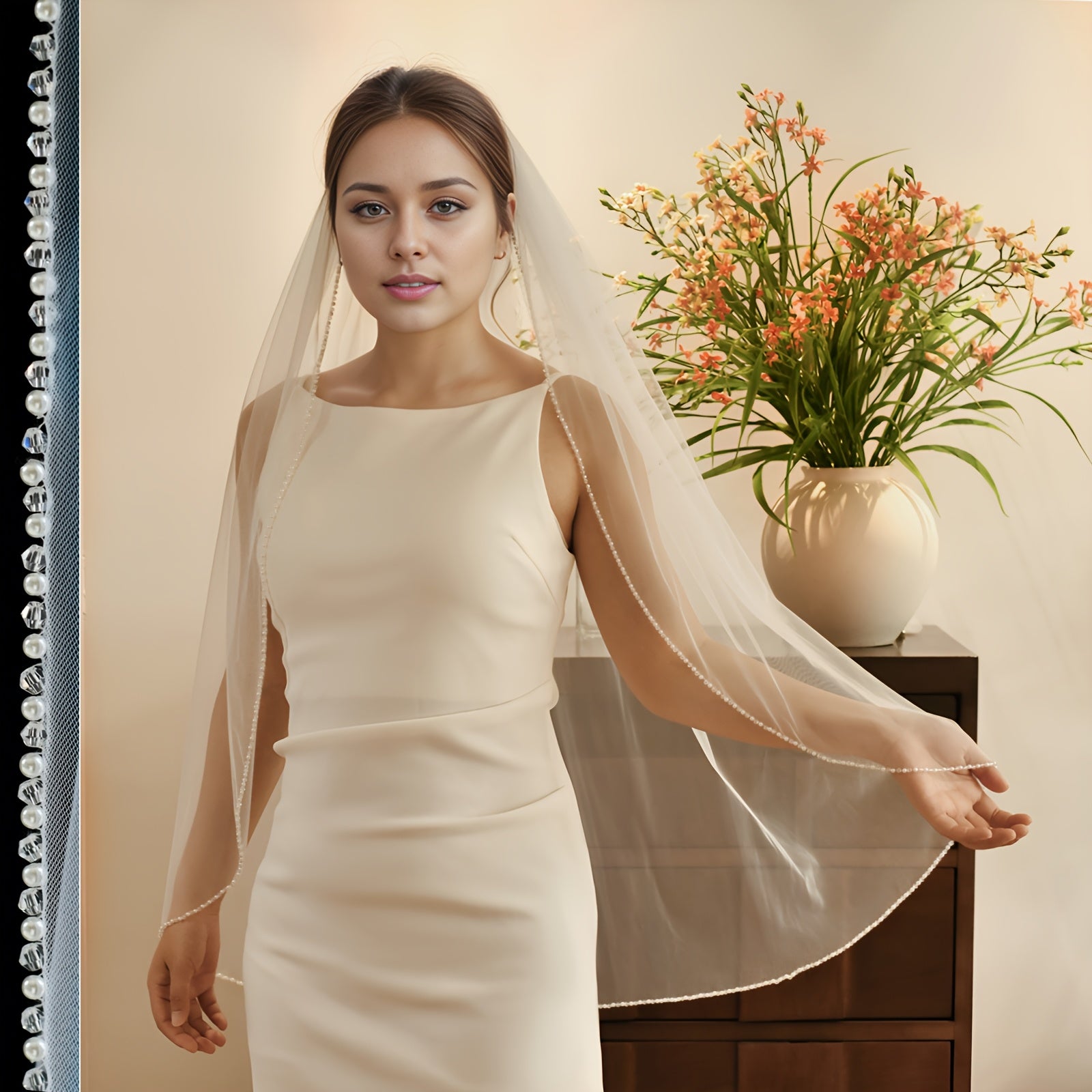 Beaded Bridal Veil Long Finger Length Bridal Gown with Beaded Edges