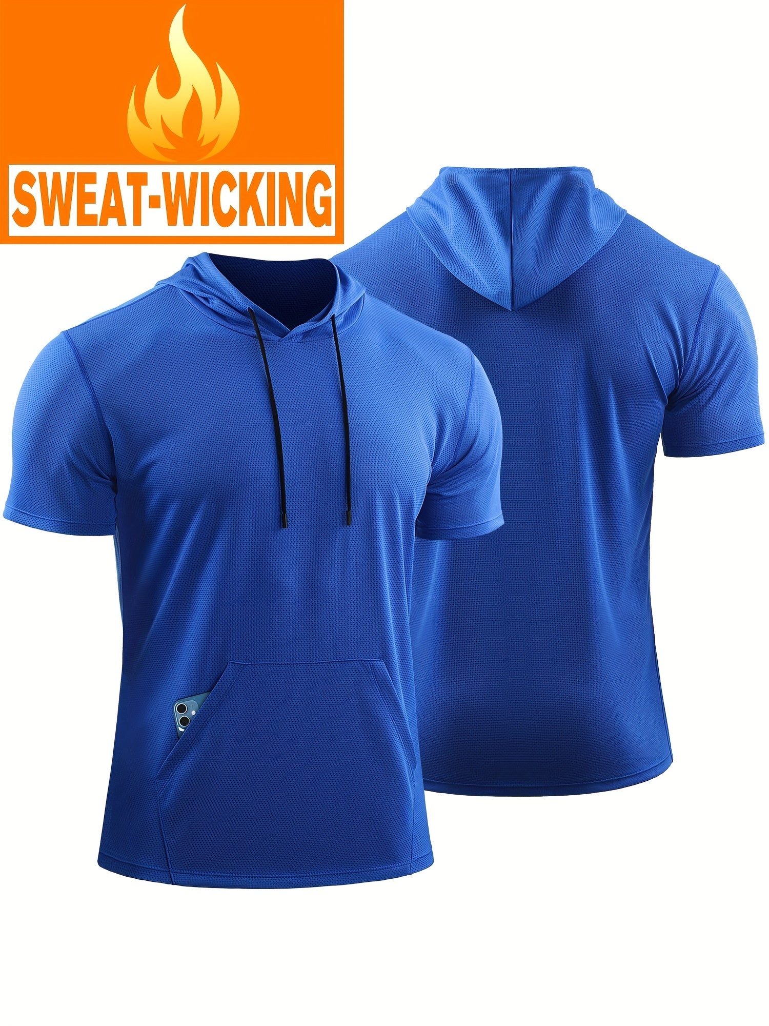 Men's Solid Hooded T shirt With Pocket Quick Dry Breathable Short Sleeve