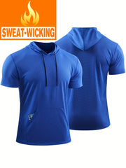 Men's Solid Hooded T shirt With Pocket Quick Dry Breathable Short Sleeve