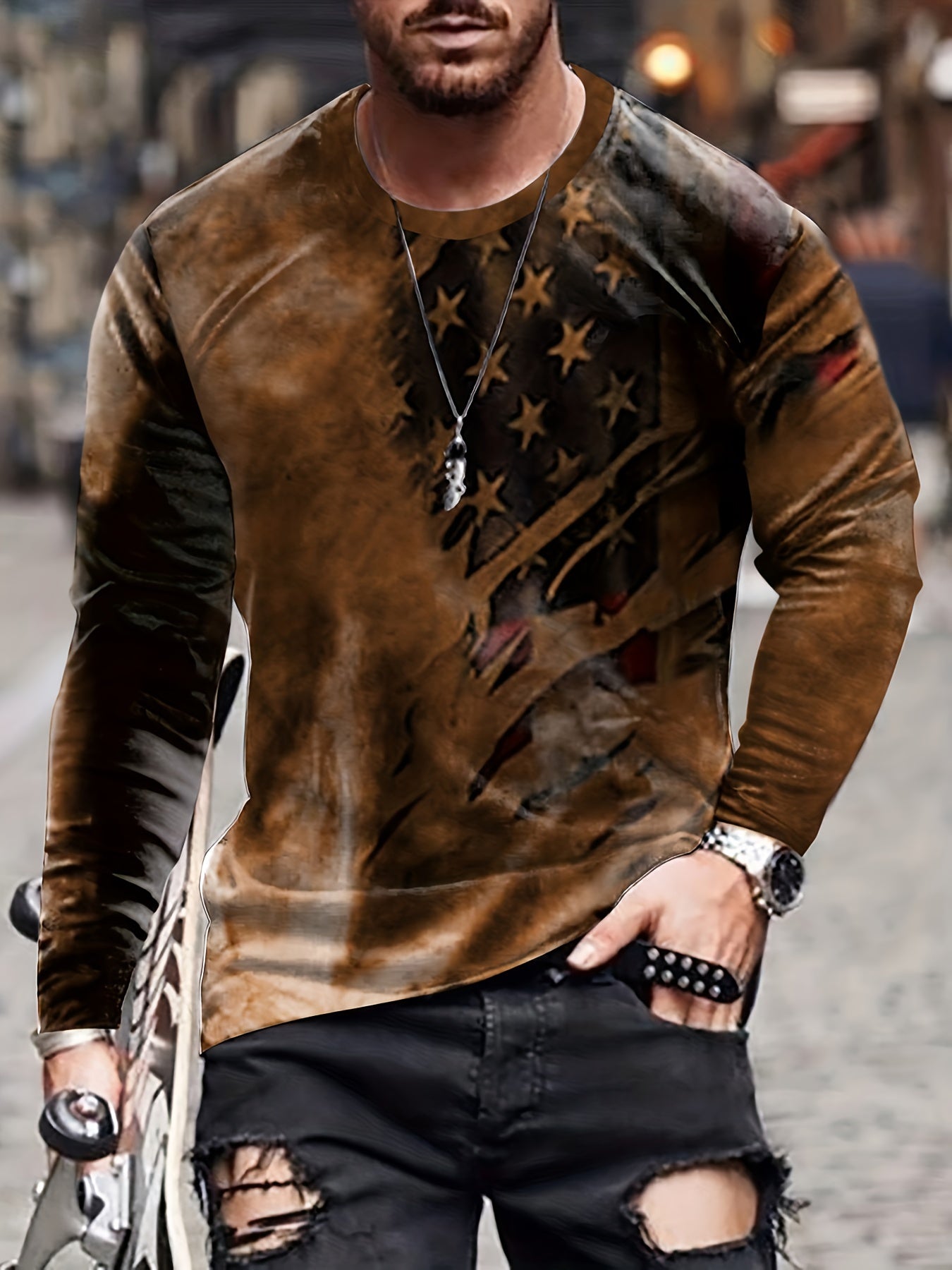 Men's Long Sleeve Vintage Flag Print T-shirt