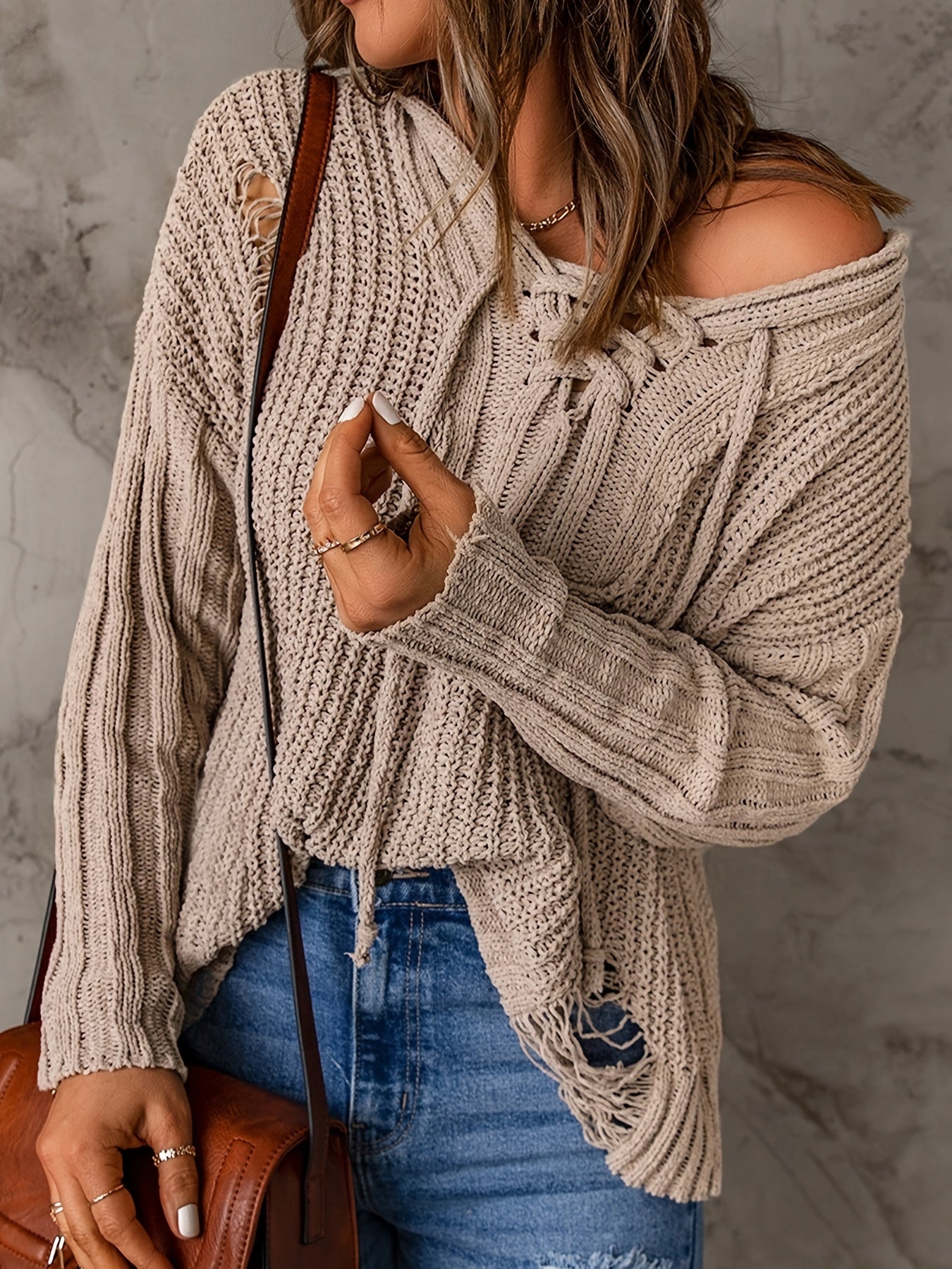Casual Sweater Women's Plus Solid Lace Up V Neck Hooded Sweater