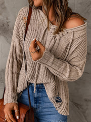 Casual Sweater Women's Plus Solid Lace Up V Neck Hooded Sweater