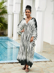 Boho Dress Tie Dye Batwing Sleeve V Neck Cover Up Dress