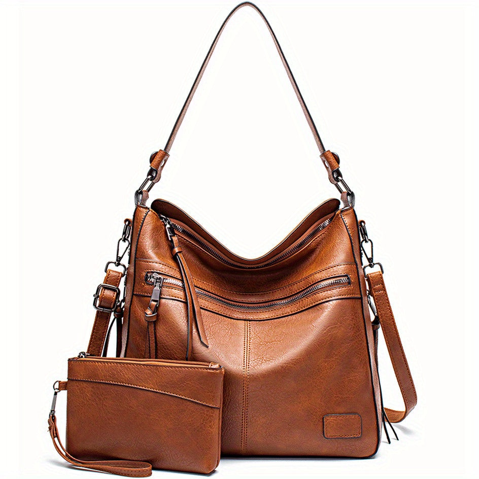 2pcs Large Capacity Tote Bag Set PU Leather Shoulder Wristlet Purse