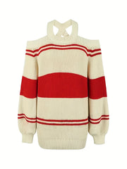 Colorblock Stripe Print Cold Shoulder Sweater