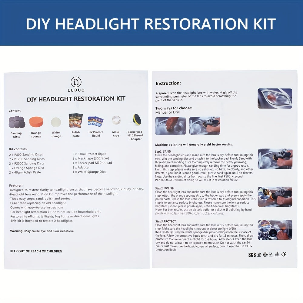 Car Headlight Restoration Kit Lens Cleaning & Polish