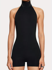 Solid Mock Neck Romper Jumpsuit Women's Clothing