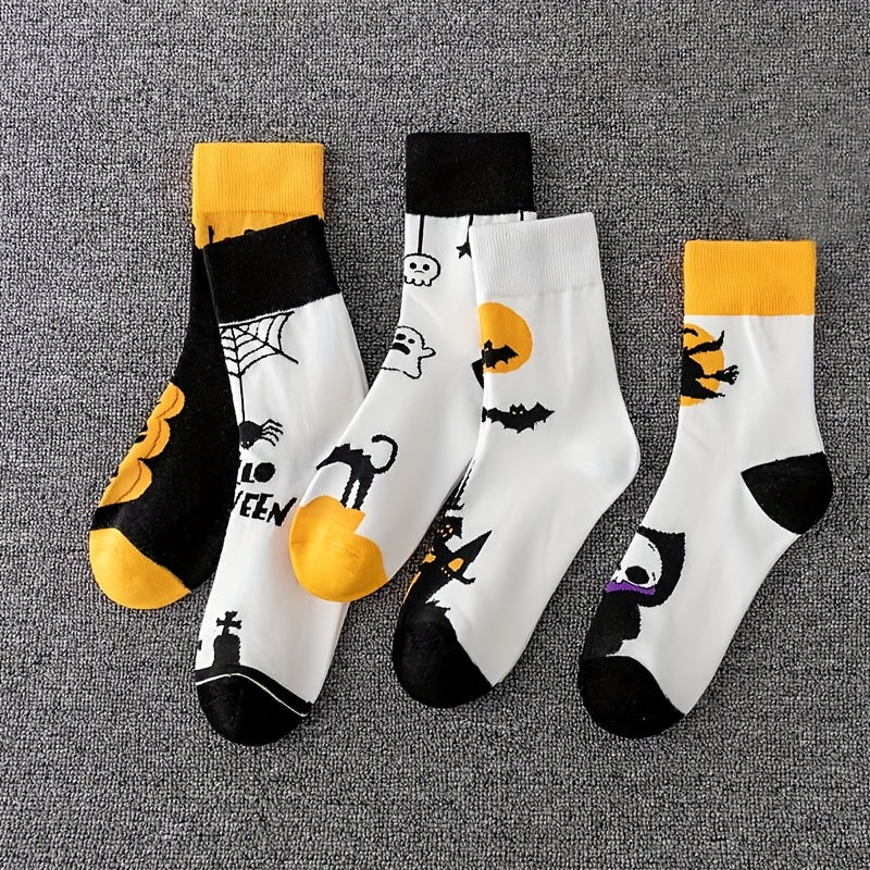 5 Pairs Skull & Bat Print Halloween Crew Socks Women's Stockings
