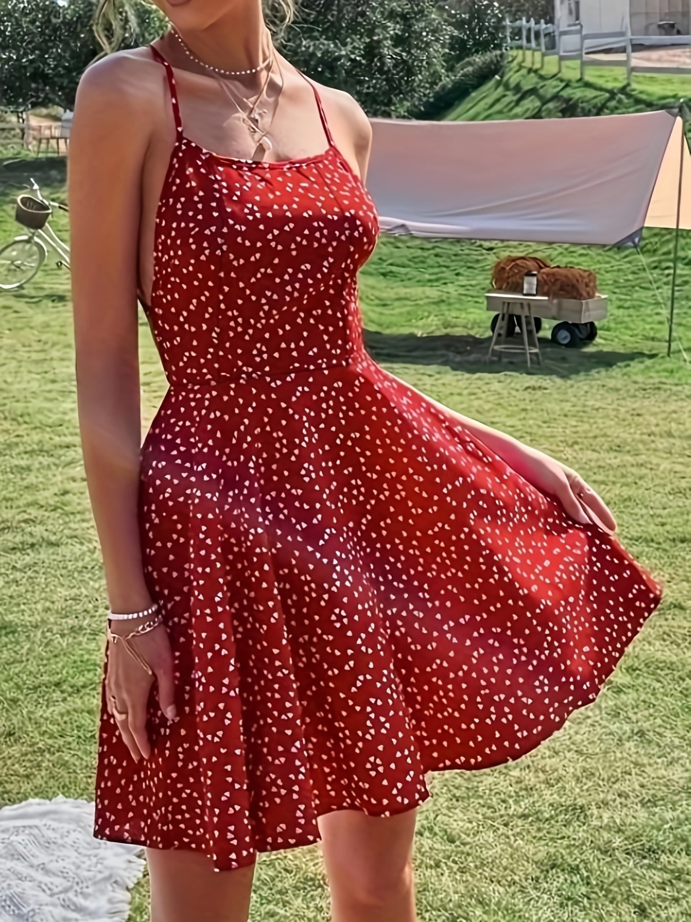 Heart Print Dress Backless Spaghetti Strap Women's Clothing