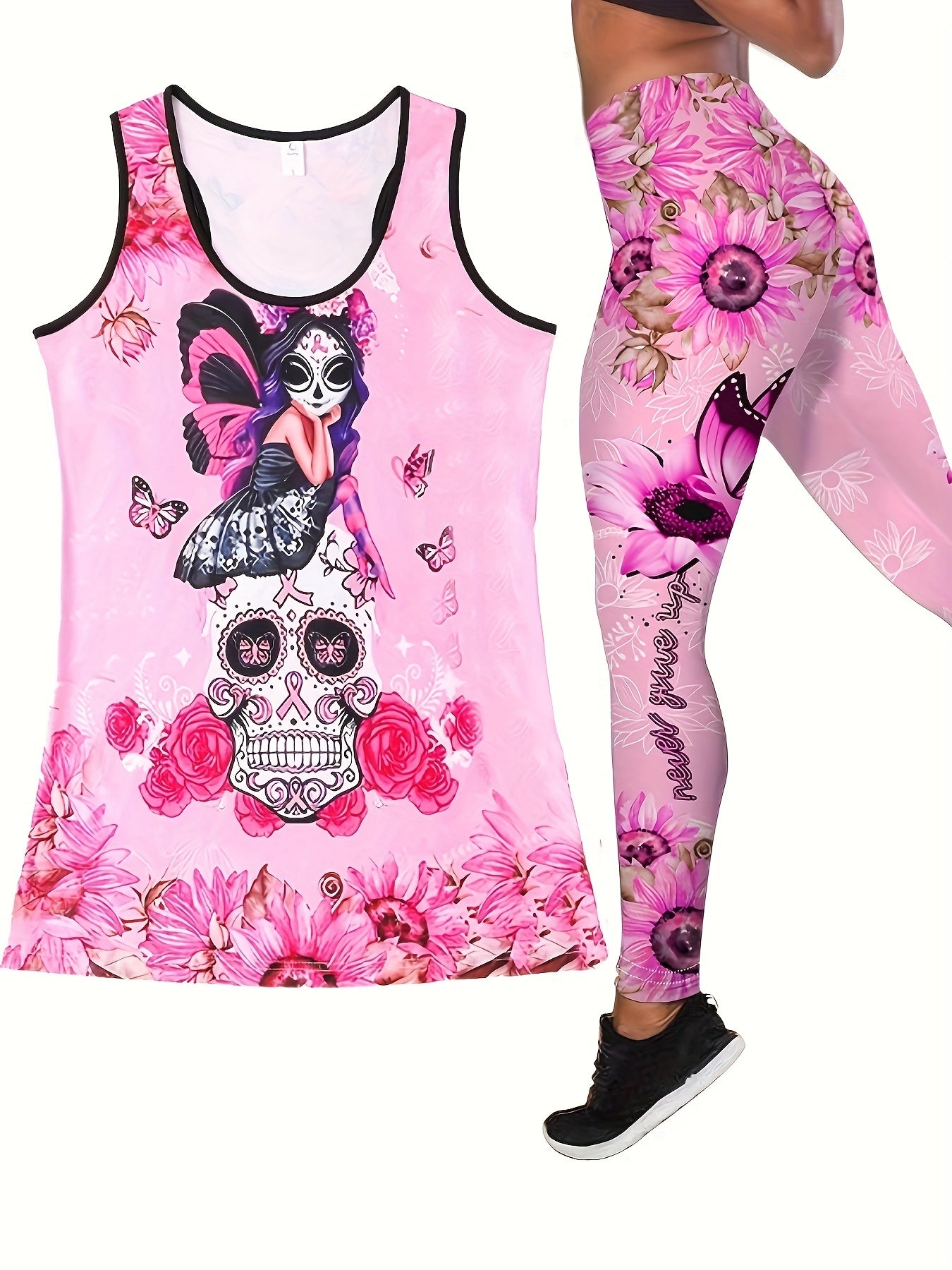 Floral & Skull Print Two piece Set Tank Top & Skinny Pants