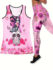 Floral & Skull Print Two piece Set Tank Top & Skinny Pants