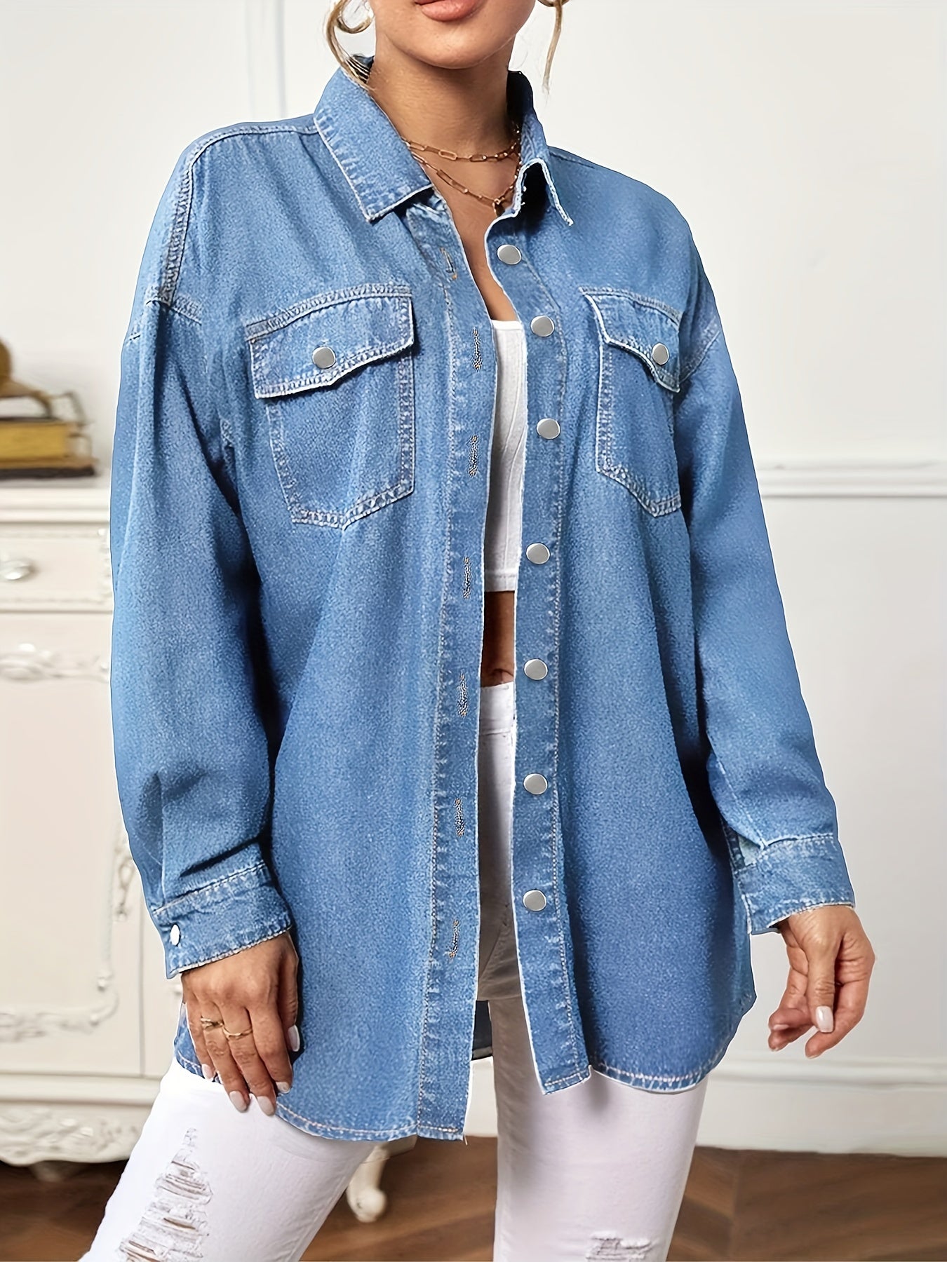 Oversized Denim Jacket Button Closure Long Sleeve Denim Shirt