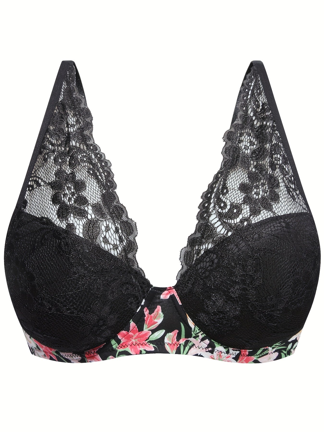 Sexy Bra Women's Plus Floral Print Lace Underwire Molded Cup Bra
