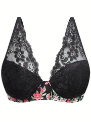 Sexy Bra Women's Plus Floral Print Lace Underwire Molded Cup Bra