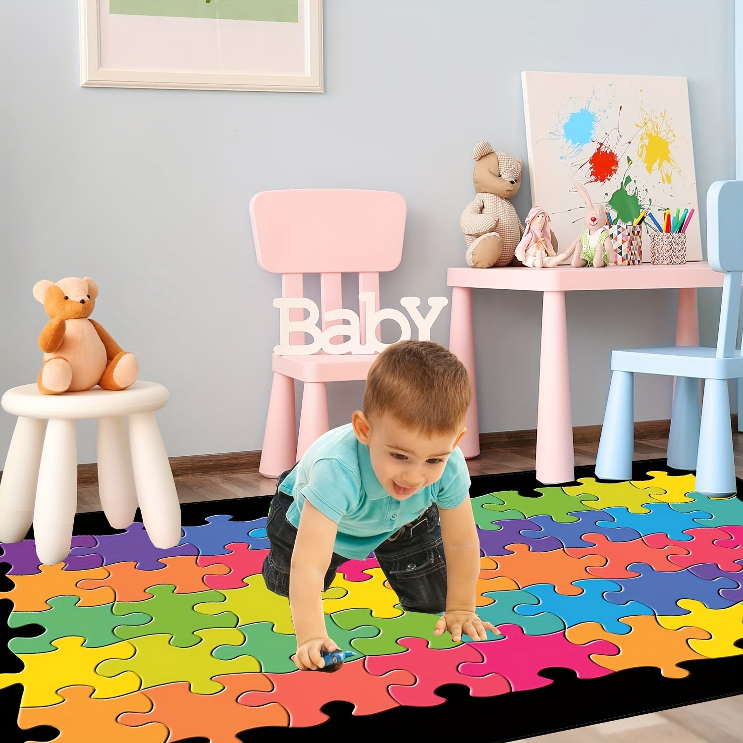 Colorful Puzzle Seating Rug for Classroom, Non Slip Backing