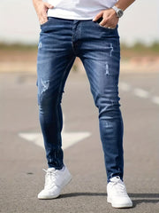 Slim Fit Tapered Jeans Mens Casual Street Style Distressed Denim Pants