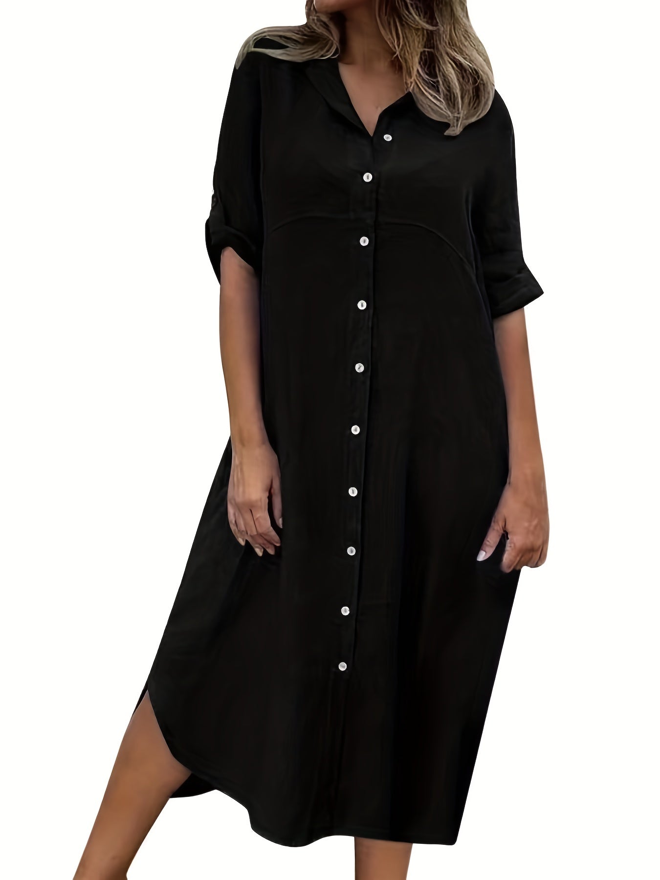 Maxi Shirt Dress Roll Up Sleeve Button Up Collar