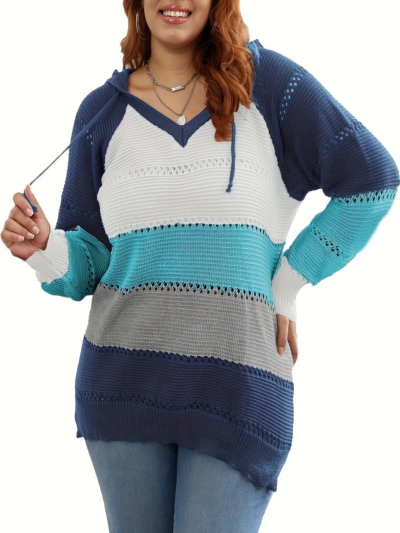 Colorblock Embroidered Hoodie Sweater Women's Plus