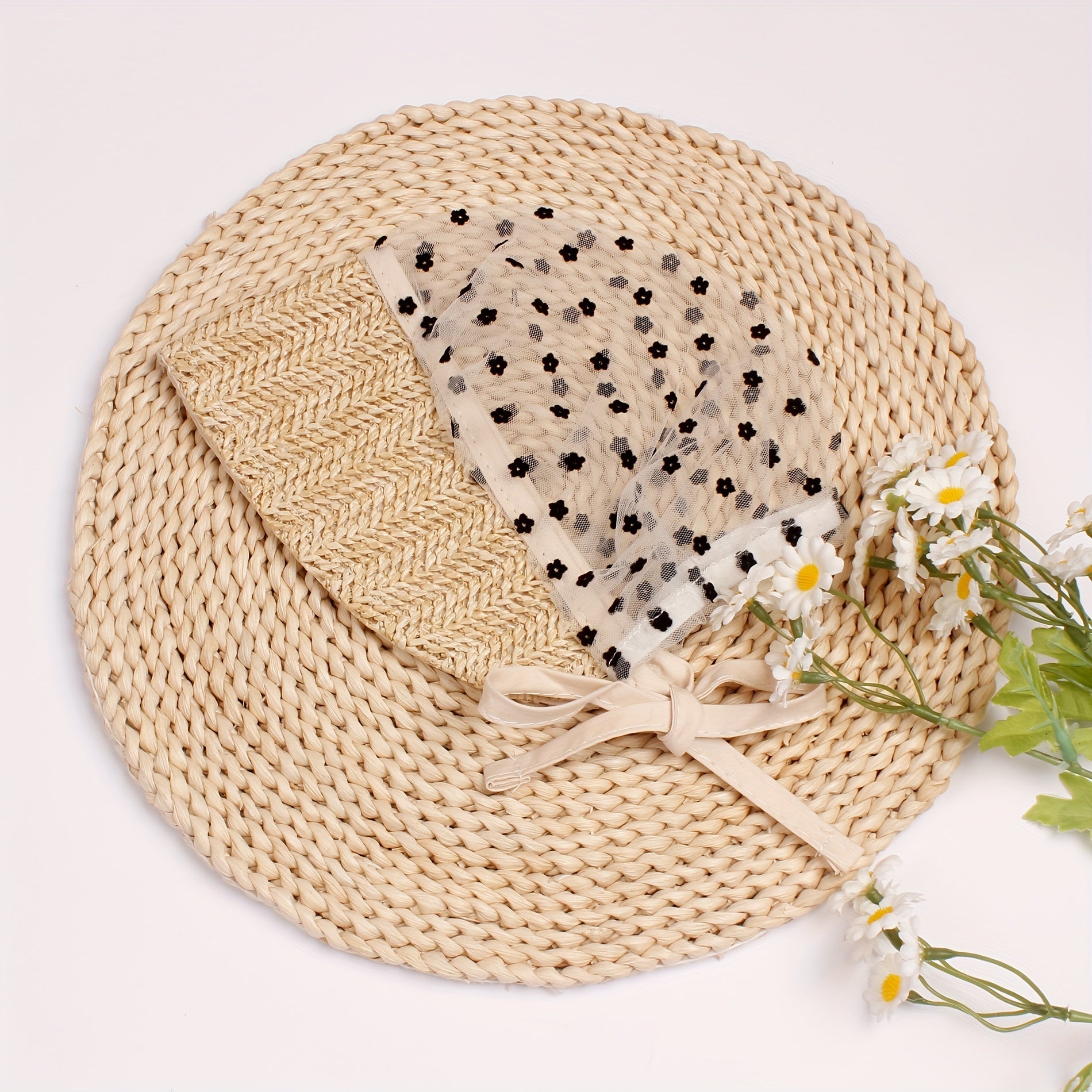 Breathable Lace Flower Straw Braided Baby Beach Hat