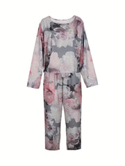 Women's Plus Floral Print Round Neck Top & Drawstring Pants Set