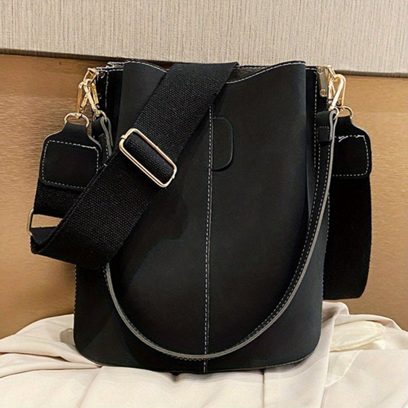 Retro Frosted Bucket Bag Crossbody Shoulder Purse Wide Strap