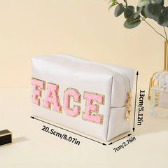 Preppy Letter Patch Makeup Bag Cosmetic Toiletry Bag Zipper Pouch