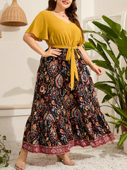 Colorblock Floral Print Knot Front Maxi Dress