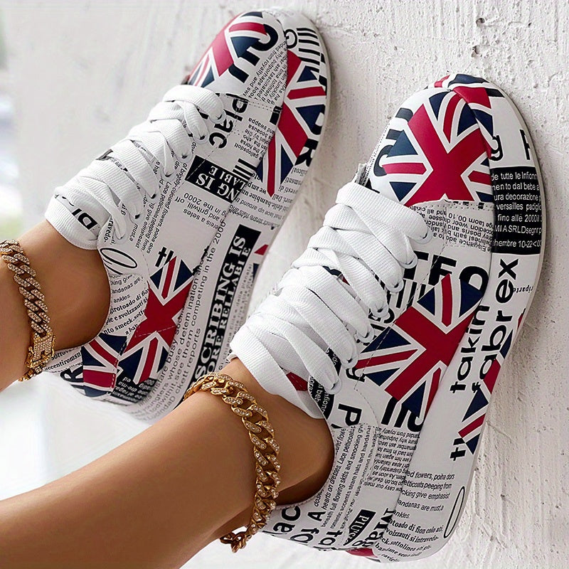 Women's Letter & Flag Print Sneakers Low Lace Up Flatform Shoes