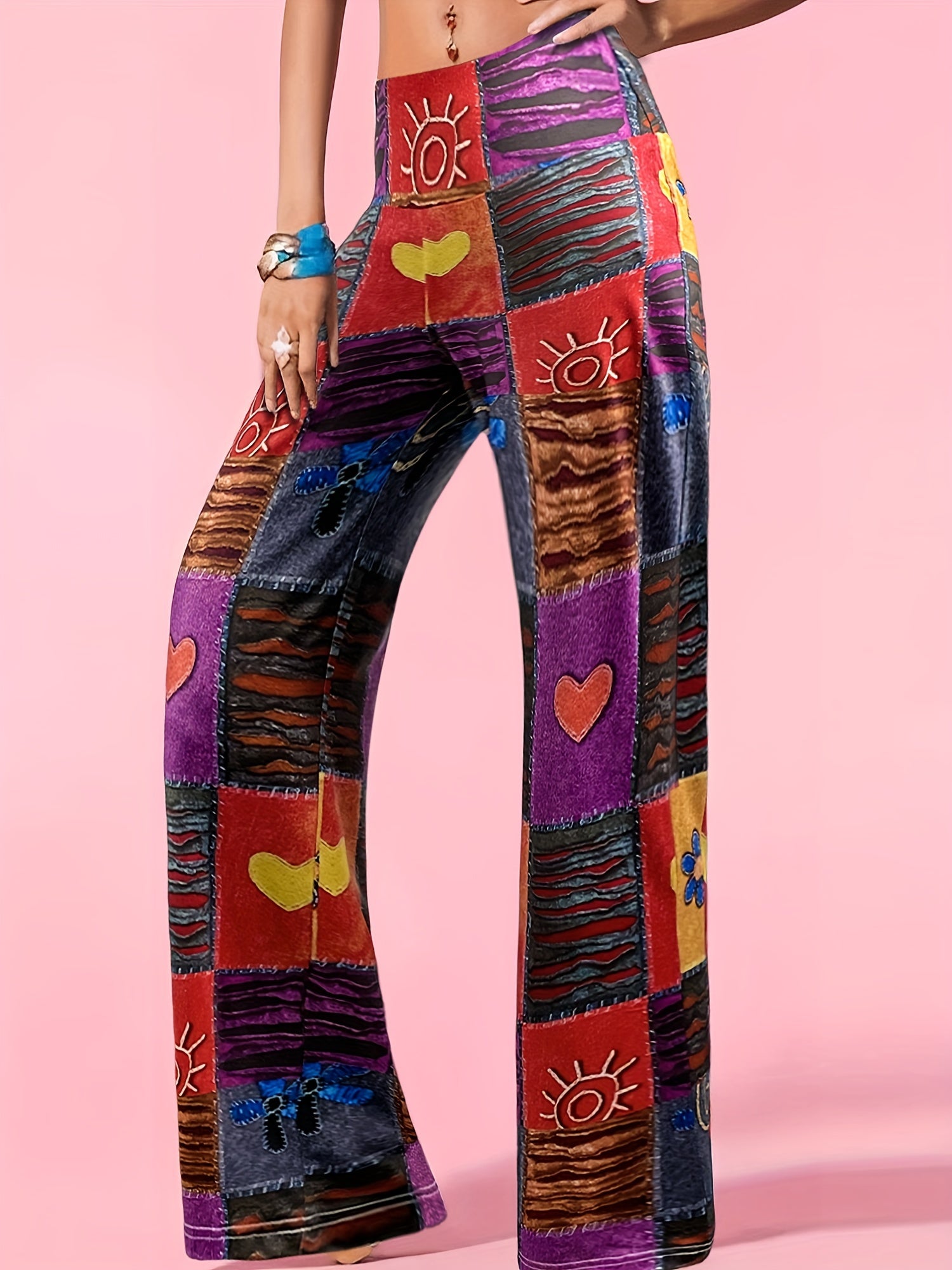 Hippie Patchwork Wide Leg Pants Casual Loose Fit Women's Clothing