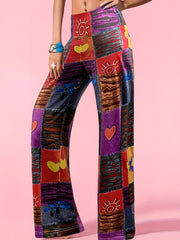 Hippie Patchwork Wide Leg Pants Casual Loose Fit Women's Clothing