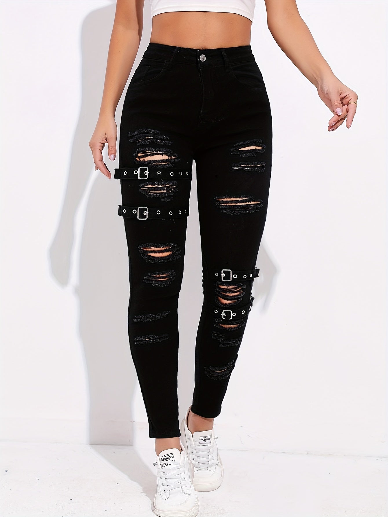 Ripped Skinny Jeans with Grommet Buckle Detail