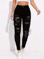 Ripped Skinny Jeans with Grommet Buckle Detail