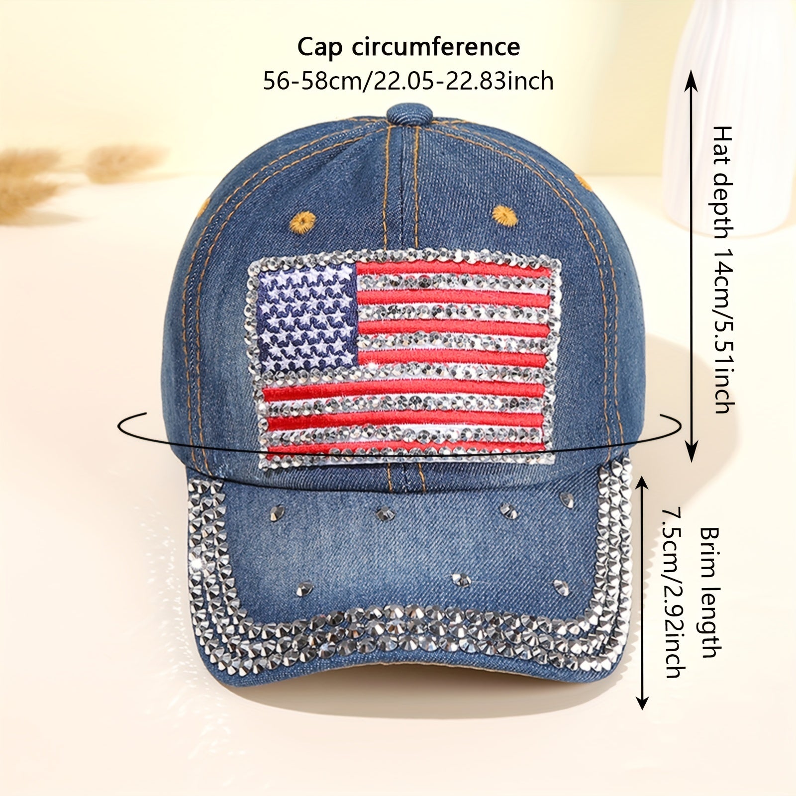 Flag Patch Baseball Cap Rhinestone Denim Washed Distressed Dad Hat
