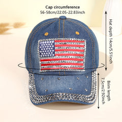 Flag Patch Baseball Cap Rhinestone Denim Washed Distressed Dad Hat