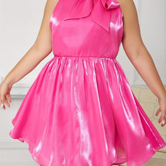 Plus Size Solid Halter Neck Organza Dress with Bow Knot Front