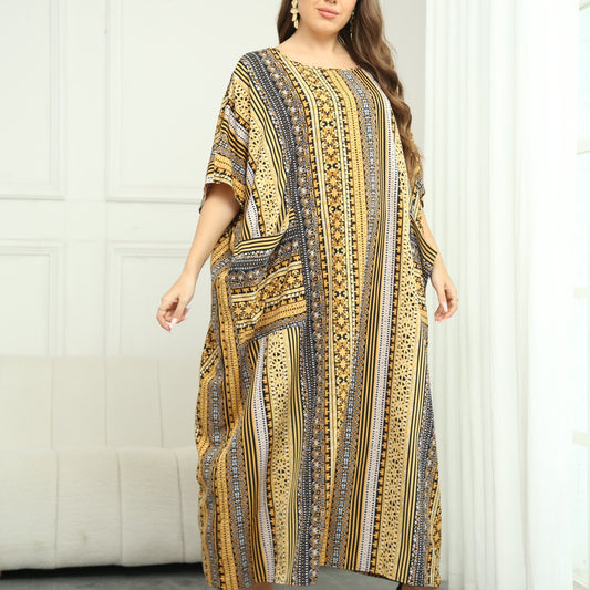 Patchwork Print Batwing Sleeve Loose Fit Maxi Jalabiya Dress