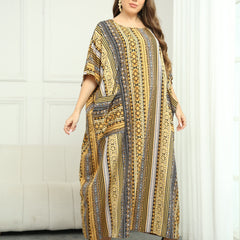 Patchwork Print Batwing Sleeve Loose Fit Maxi Jalabiya Dress