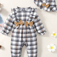 Christmas Baby Plaid Bowknot Jumpsuit & Hat Set
