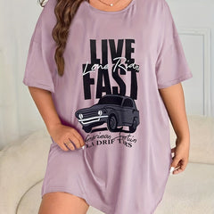 Retro Nightdress Women's Plus Letter & Car Print Short