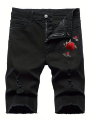 Floral Embroidery Denim Shorts Men's Casual Street Style