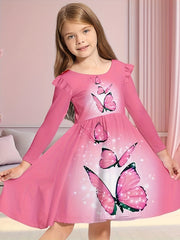 Sweet Girls Butterfly Graphic Long Sleeve Dress Spring Fall
