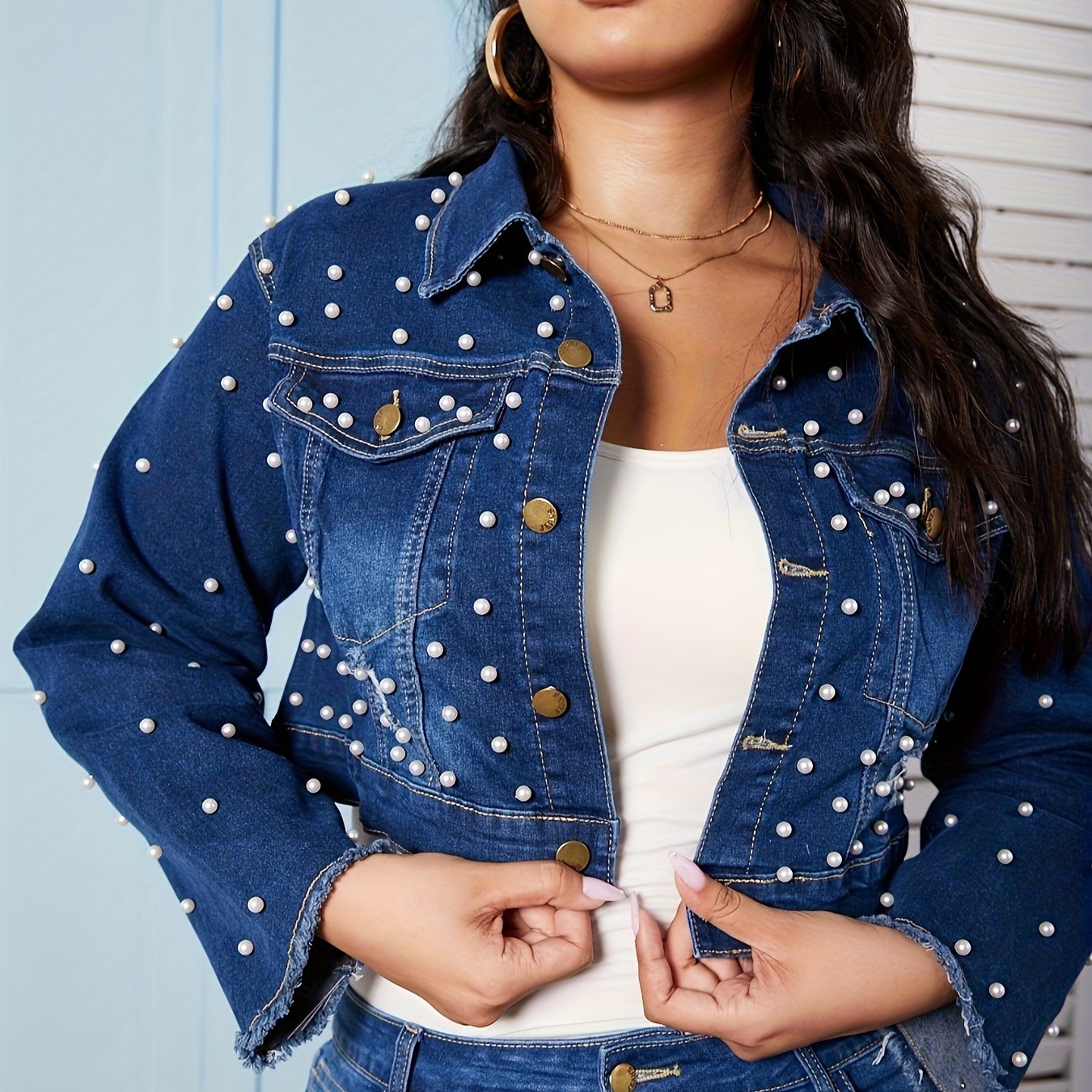Retro Denim Jacket Raw Trim Button Up Collar Crop Jacket