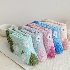 Floral Print & Colorblock Fuzzy Socks Set