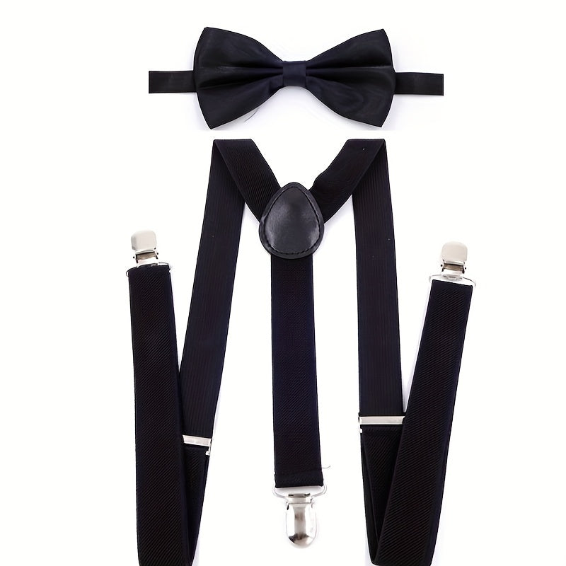 Boys' Suspender Bow Tie Set - Adjustable Y-shaped Pants with Metal Clip