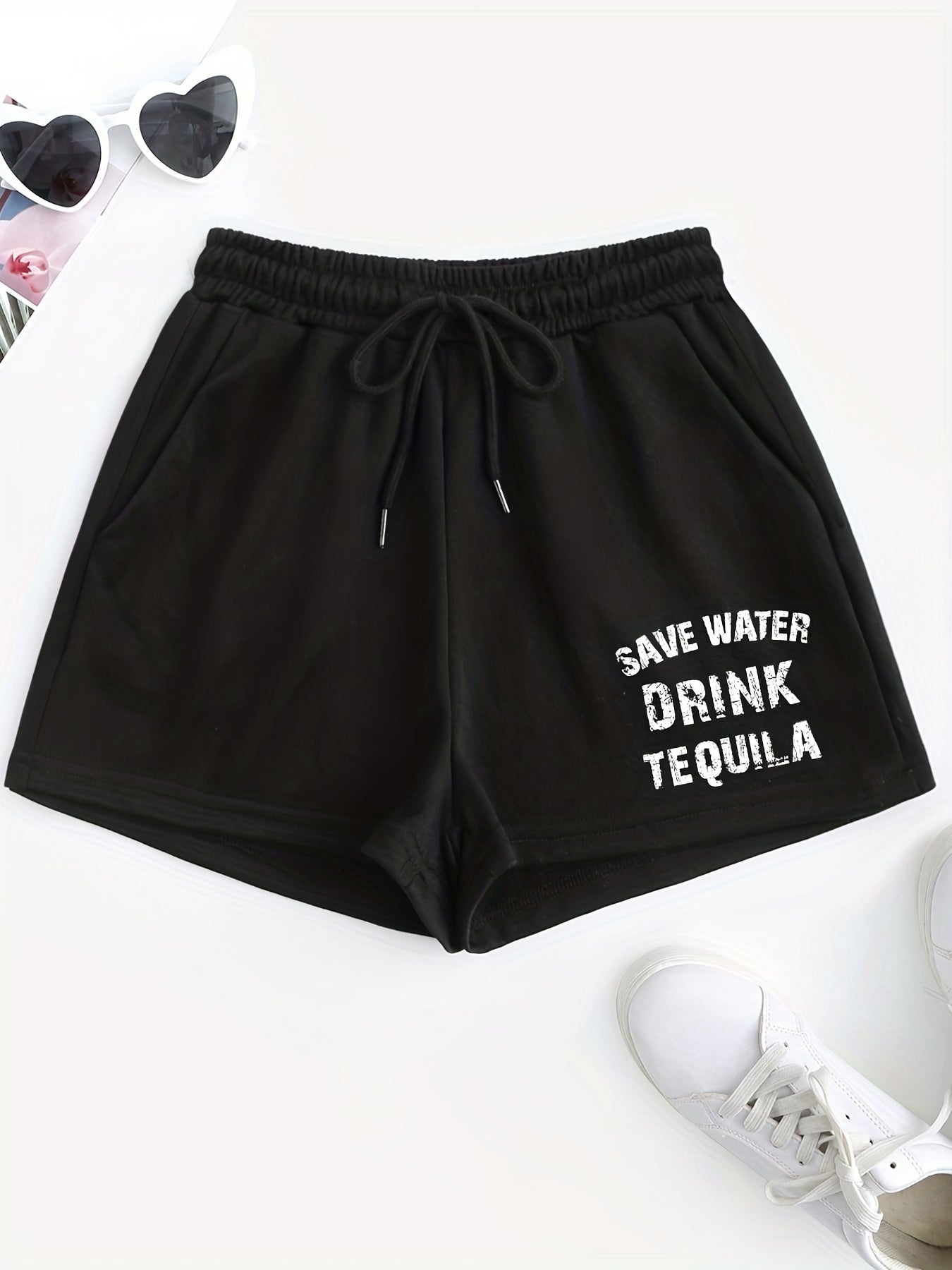 Letter Print Drawstring Shorts for Women
