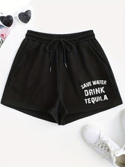 Letter Print Drawstring Shorts for Women