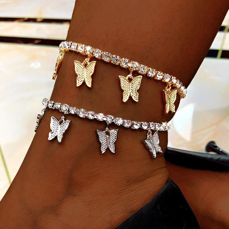 Butterfly Rhinestone Tennis Anklet, Summer Style Foot Jewelry